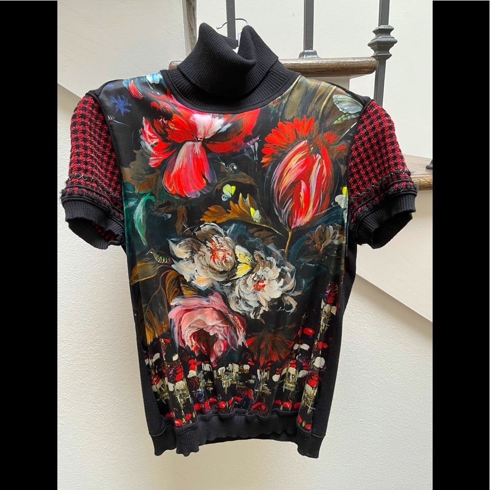 Roberto Cavalli Silk Painted Floral / Tweed Sleeve Turtleneck, Small, EUC
